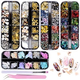 5 Boxes Colorful Nail Art Crushed Sea Shell Kit - Multicolor Nail Irregular Iridescent Natural Abalone Seashell Slices Starfish Metal Sea Star Conch Moon Triangle Rivet Gems