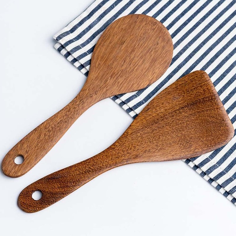 2 Pcs Wooden Rice Spoon Set Non Stick Rice Paddle