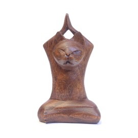 Brave Wings Hand Carved Wooden Animal ~ Meditating Cat ~ OOAK Sculpture Figurine Statue Unique Table Decoration Home Decor Gift for Christmas and Birthdays ~ 4128
