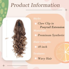 Ponytail Extension, 18 Inch Long Pony tails Hair Extensions for Women Wavy Curly Claw Clip Ponytail Fluffy Natural Fake Pony tail Hair Pieces for Women (Dark Ash Blonde with Golden Ends, 18 Inch)