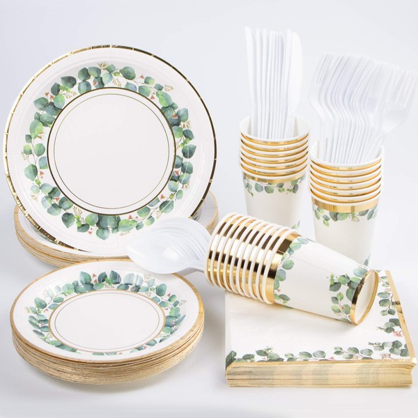 hapray Greenery Jungle Party Supplies, (168PCS Serves 24) Gold Foil Disposable Paper Plates, Napkins, Cups, Knives, Spoons, Forks, Decorations for Wedding Baby Shower Birthday Bridal Shower