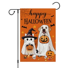 Wodison Happy Halloween Garden Flag 12x18 Inch Double Sided，Dog Cat Witch Hat Pumpkin Small Burlap Yard Flag for Outdoor Holiday Homes Decor