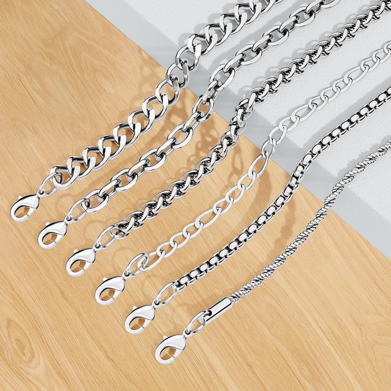6PCS Stainless Steel Bracelets for Men Women, Silver Cuban Link