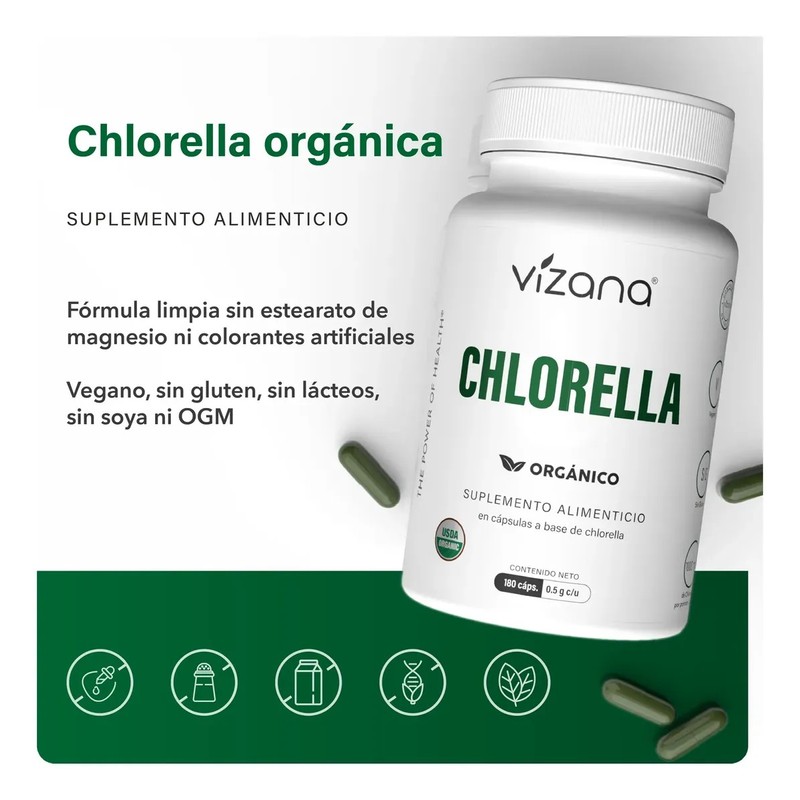 Chlorella Orgánicas (180 Caps-500 Mg) Vizana Nutrition Sin Sabor