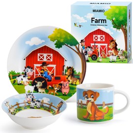 MIAMIO Kids' Farm Dinnerware Set - 3 Pieces, Ceramic, Includes Plate, Bowl, and Cup…