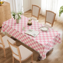 Ohocut Mantel a cuadros con borla, mantel rectangular de tablero de ajedrez rosa para cocina, comedor, pícnic, lavable, sin arrugas, tela de lino de algodón, 55 x 86 pulgadas