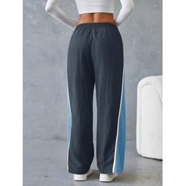 Fisoew Women's Baggy Wide Leg Track Pants Casual Drawstring Elastic Waisted Color Block Workout Y2K Active Pants Navy