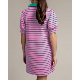 PJFPJF Women's 2025 Striped Summer Dress with Pockets Beach Casual Lapel V Neck Puffy Sleeves Casual Tshirt Dresses (US, Alpha, XX-Large, Regular, Regular, Pink-Green)