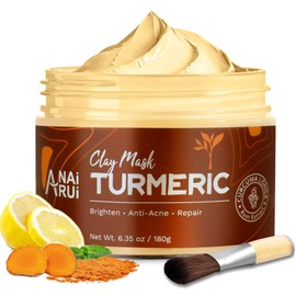 ANAI RUI Turmeric Facial Mask, Vitamin C Clay Mask with Wood Brush, Skin Care Mask for Acne, Refining Pores, Radiant & Smooth Skin, 6.35 oz