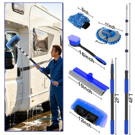 AgiiMan Car Wash Brush with Long Handle, 1.4-4.4FT Telescoping Car Cleaning Kit, Soft Bristle RV Wash Brush and Car Wash Mop for Car Truck SUV RV Boat Solar Panel House Siding Exterior Washing
