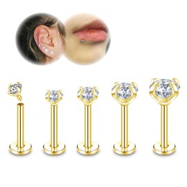 ZS 16G/18G Lip Labret Studs, Stainless Steel Internally Threaded Jewelry for Nose Conch Medusa Piercing, CZ Forward Helix Tragus Earring for Women Men (Gold/18g/6mm)