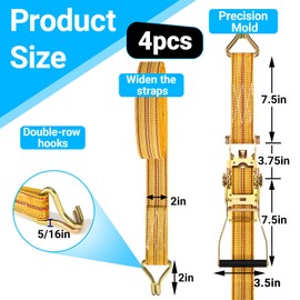 4Pack Heavy Duty Ratchet Straps, 2” 32Ft Ratchet Tie Down Strap, Tie Down Ratcheting with Double J Hook, 4000 LB Break Strength Cargo Straps Ratcheting for Moving Cargo, Lawn Equipment and Motorcycles