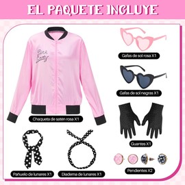 HomeChi Chamarra de Satén Rosa de Los Años 50 Juego 11PCS, Disfraz Mujer con Bufandas Gafas Cintas para El Pelo Pendientes Guantes, Disfraz y Accesorios de Cosplay para Halloween Fiesta Navideño