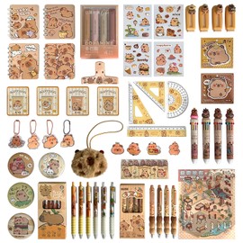 AIJOY Cute Capybara Pencil Case Stationery Set - 90° Wide Mouth Large Capacity Pencil Case with 18 Supplies (Cute Pens, Capybara Plush & More) - Capybara Stationery Gift Set for School & Birthdays