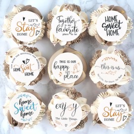 40Pcs Round Edible Greenary Home Sweet Home Cupcake Toppers Our Life Our Story Happy Place Cupcake Picks Housewarming Drink Toppers for Housewarming Party Cupcake Decorations