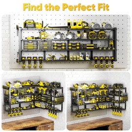 POKIPO 64”W Power Tool Organizer Wall Mount, Heavy Duty 8-Drill Cordless Drill Holder Supports 800 lbs, 4-Layer Corner or Straight Assembly Large Tool Battery Storage Rack for Garage Workshop