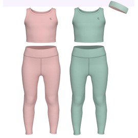 Essenclo Girls Athletic Leggings Yoga Pants w/Sleeveless Crop Tank Tops for Kids Workout Cheer Dance Run Sizes 3-16, 5pc Set - E2110 - Set-14-7-8