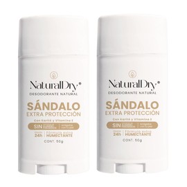 NaturalDry Desodorante Natural Sándalo Extra Protección 24h | Deportista Humor Fuerte | Sin Aluminio ni Parabenos | Con Karité y Vitamina E | 50g | Pack 2 Piezas