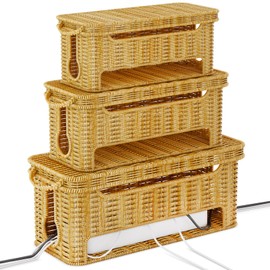 NiHome 3-Pack Rattan Cable Management Boxes to Keep Cords Organized in Home and Office, Safe & Durable Cable Organizer Box for Clutter-Free Desktop & Floor, Smart Wire Groove Ventilated Cable Storage