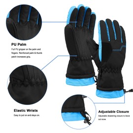 ANDORRA Boys Ski Gloves 2-Tone Geometric Cotton Kids Winter Gloves,Black w/Neon Blue Trim,L(10-12 Years)