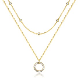 ALEXCRAFT Gold Necklace for Women Lady, 14K Real Goldplated Double Layer Necklaces Stackable 2 Layered Necklace Chains Shiny Bling Adjustable Gold with Zirconia Ball Diamond Pendant