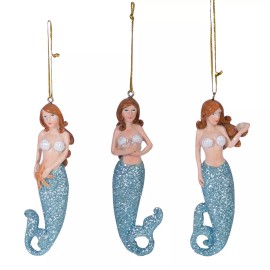 Beachcombers International HAND PAINTED RESIN SET OF 3 MERMAID W/ BLUE SHIMMERY TAIL CHRISTMAS ORNAMENT