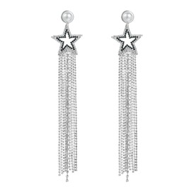 Xerling Long Rhinestones Boho Statement Fringe Chandelier Tassel Earrings Crystal Star Dangle Earrings for Women Pearl Stud Wedding Silver Earrings, Metal Silver Pearl