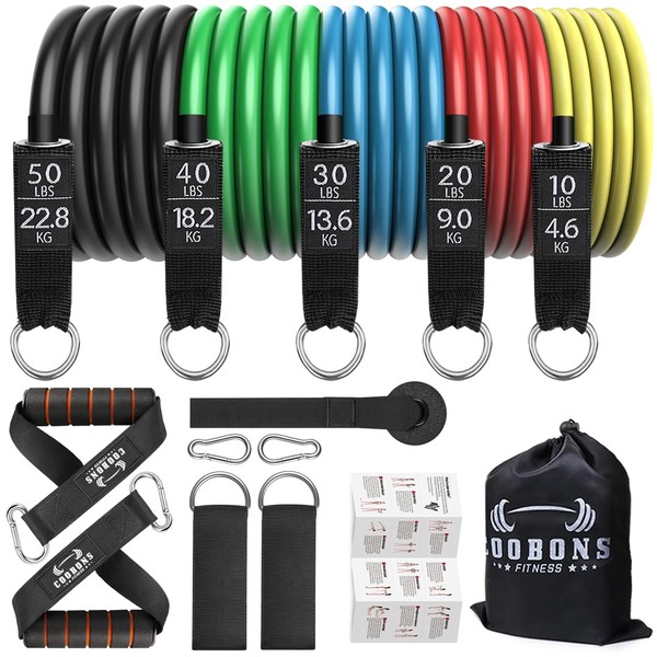 COOBONS FITNESS Resistance Bands Set, Including 5 Stackable Exercise Bands with Door Anchor, Ankle Straps, Carrying Case & Guide Ebook