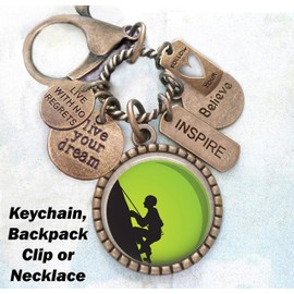 Rock Climbing Keychain, Backpack Clip or Necklace, Live Your Dream, Live With No Regrets, Follow Your Heart, Rock Climber, Sports, Athlete Gift