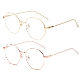 JOVAKIT Polygon Blue Light Blocking Glasses for Women Men Vintage Octagon Square Non-prescription Metal Eyeglasses (Gold+Rose Gold)