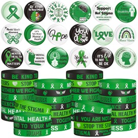 WATINC Ribbon Pins Accessories Set - 72Pcs Health Awareness Silicone Stretch Wristbands and Button Pin, Motivational Bracelet with Inspirational Message for Men Women (Mental Health Awareness)