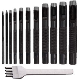 12Pcs Round Hollow Leather Punch 1-10mm Leather Hole Punch Set with 4 Prong Chisel Leather Craft Punching Tools for Leather Watch Band, Leather, Gasket Belt
