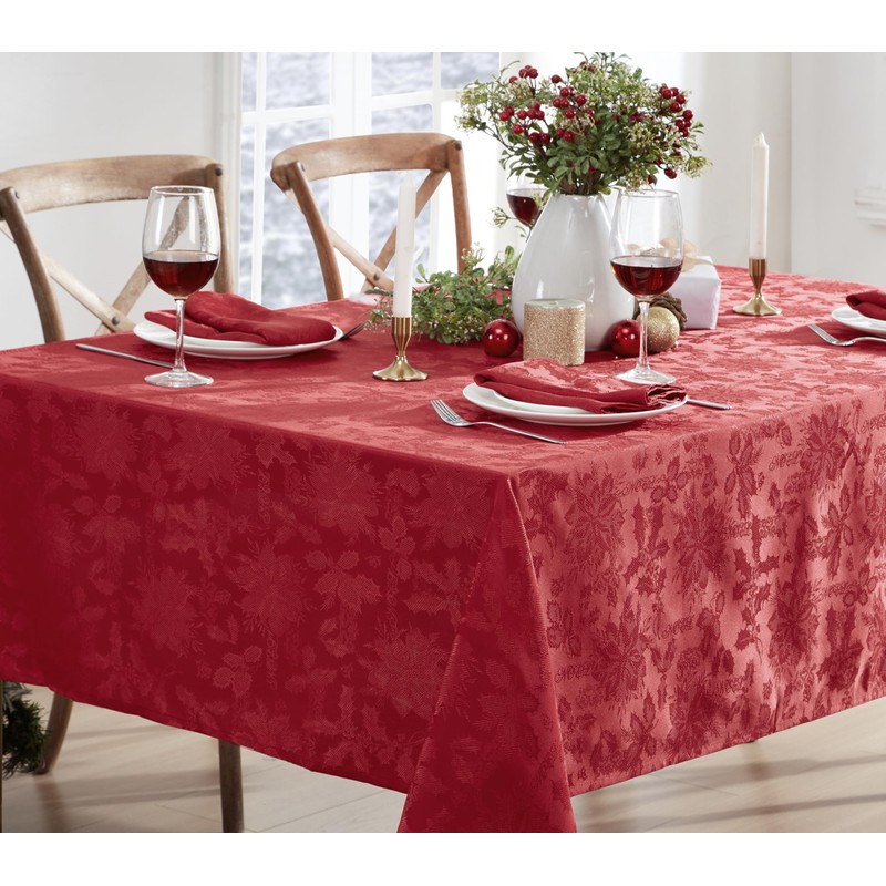 Newbridge Carol Damask No Iron Soil Release Holiday Tablecloths, 52"