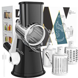 Cambom Cambom Rotary Cheese Grater Hand Crank Cheese Shredder for Fresh Cheese, Vegetable, Nuts,Non-Slip Suction Base, Free Cleaning Brush Three Blades, Black