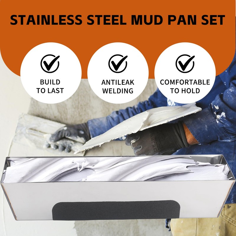 14" Stainless Steel Mud Pan,Anti-slip Base,Sheared Sides to Clean Knives,