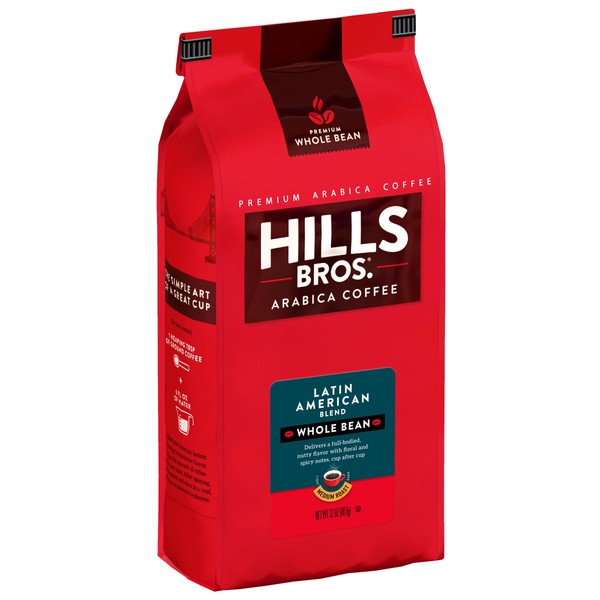 Hills Bros Latin American Blend Whole Bean Coffee, Medium Roast Coffee - Arabica Coffee Beans – Blend Of Sustainably Grown Organic Beans Medium Roasted For Full-Bodied Flavor (32 Oz. Bag)