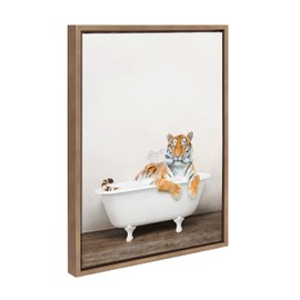 Kate and Laurel Sylvie Bengal Tiger in Rustic Bath Framed Canvas Wall Art by Amy Peterson Art Studio, 18x24 Gold, Modern Fun Decorative Bathtub Wall Art for Home Décor