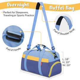 WOOMADA Kids Duffle Bag for Boys or Girls, Kids Overnight Bag with Shoe Compartment＆Wet Pocket, Ideal for School Practice, Sports, Travel(sky blue)