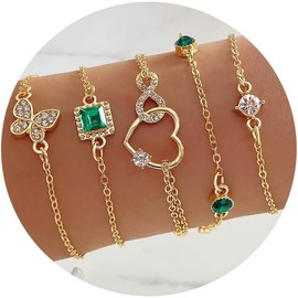 Gold Bracelets for Women, 14K Gold Plated Dainty Layered Chain Bracelets Adjustable Cute Bangle Link Bracelet Set:_4pcs CZ Silver