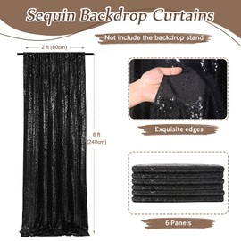 Black Sequin Backdrop Curtains 6 Pieces 2FTx8FT Shimmer Birthday Wedding Photograph Baby Shower Decoration Backdrop Fabric for Christmas Party Decoration