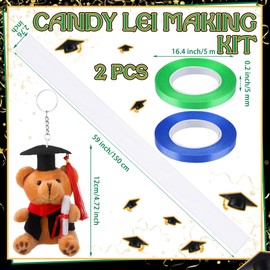 RoundFunny Graduation Candy Lei Making Kit with Bear Include Candy Lei Tubing Mini Bear Keychains 2 Rolls Present Ribbon Wrapping DIY Graduation Wreaths for Kids Girls 2024 Graduation Party Favor Gift