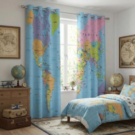 terxgrl World Map Blackout Curtains for Bedroom Living Room, Colorful Educational Geography Political Map Window Drapes for Youth Playroom Study Room, 84 x 84 Inch