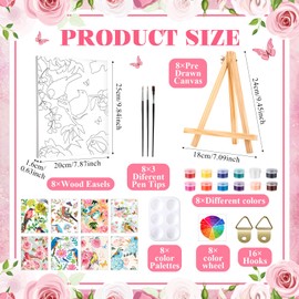 Humyoun 8 Sets Pre Printed Canvas for Painting Kits 8" x 10" Paint and Sip Party Sets Coloring Painting Panels Pre Sketched Canvas Boards with Paints and Brushes for Adult(Flower and Bird)