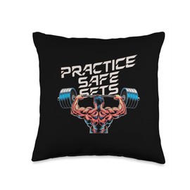 Practice Safe Sets Weightlifting Muscles Barbell Gym Trainer Throw Pillow