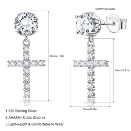 KRFY Cross Earrings Sterling Silver Cubic Zirconia Hypoallergenic Earrings 18K White Gold Plated Dangle Earrings Hip Hop Jewelry Iced Out Cross Dangle Earrings for Women Men