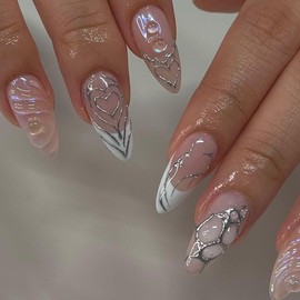 24PCS reusable fake nails - pressed nails, 3D water ripples, sticky nails - fake nails for women and girls (water ripples)