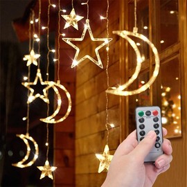 Star Curtain Lights, 3.5 metres Long Twinkling Star and Moon Fairy Lights, USB Interface, Suitable for Bedroom, Wedding Party Wall Decoration (Warm White Star and Moon)