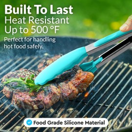 Zulay Stainless Steel Kitchen Tongs with Silicone Tips - Set of 2 (9” & 12”) Locking Cooking Tongs with Non-Slip Grip - Heat Resistant, BBQ Food Tongs for Non-Stick Cooking Pans (Silver/Aqua Sky)