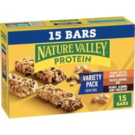 Nature Valley Protein Bars Variety Pack, Gluten Free Chewy Granola Snack Bars, 10g Protein, Peanut Butter Dark Chocolate, Salted Caramel Nut, Peanut Almond Dark Chocolate, 15 Count, 21.3 oz Box