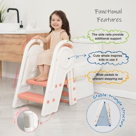 Harwaya Pink 3 Step Stool for Toddlers Girls, Foldable 2 Step Stool for Kids Bathroom Sink Toilet Potty, Collapsible Heavy Duty Child Learning Kitchen Tower with Rails for Counter Bed Bedroom
